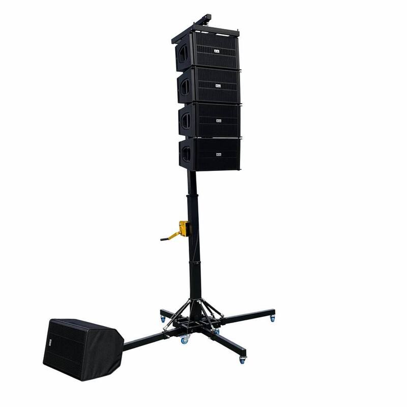 Dual 10 Inch Neodymium Line Array Speaker System with Manual Winch Stand and 4-Point Outrigger Base for Pro Audio Sound
