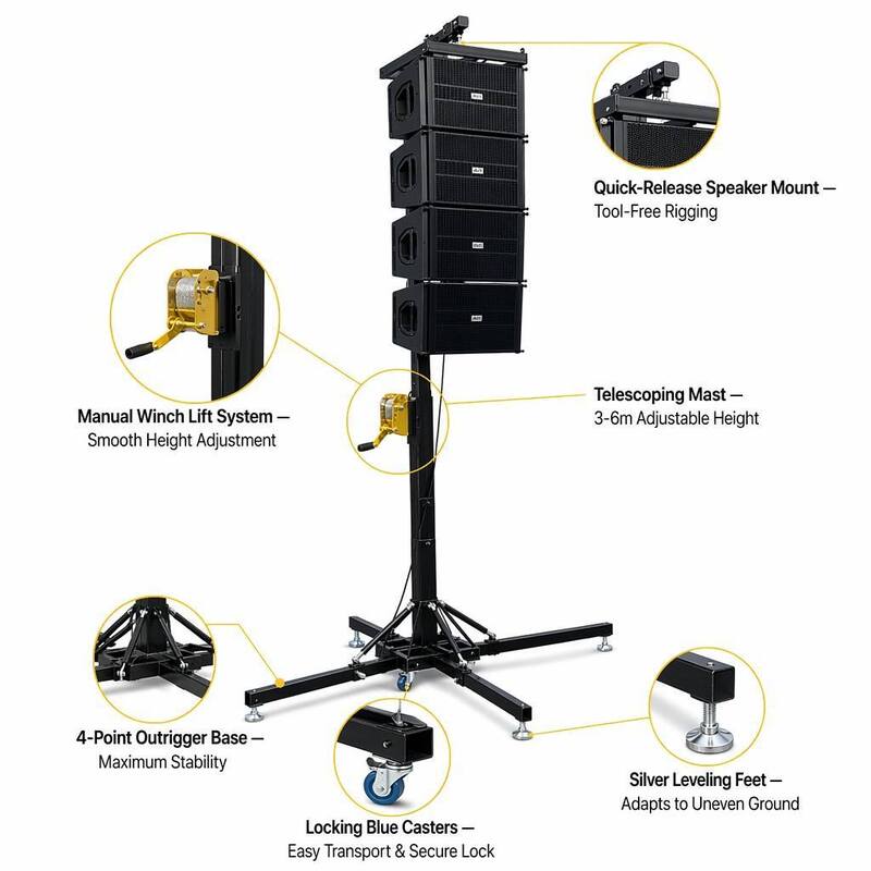 Dual 10 Inch Neodymium Line Array Speaker System with Manual Winch Stand and 4-Point Outrigger Base for Pro Audio Sound