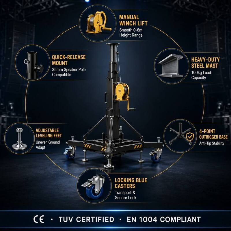 Dual 10 Inch Neodymium Line Array Speaker System with Manual Winch Stand and 4-Point Outrigger Base for Pro Audio Sound