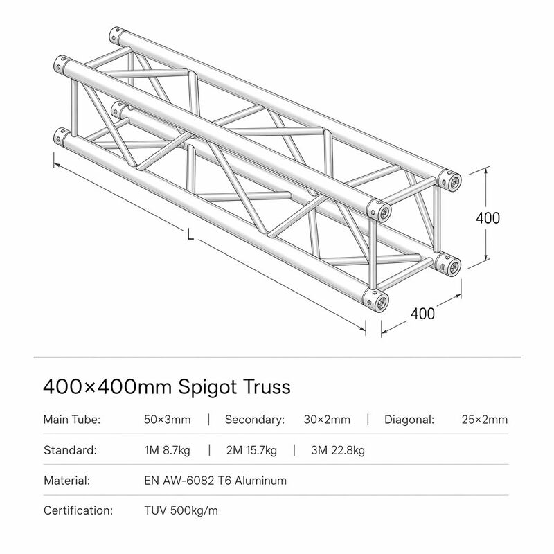 Sistema di tralicci con spigot in alluminio EN AW-6082 T6 da 400x400mm con certificazione TUV per illuminazione di palcoscenico