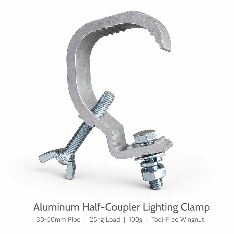Morsetto per illuminazione a semigiunto in alluminio per tralicci da 30-50 mm con capacità di carico di 25 kg e farfalla a sgancio rapido