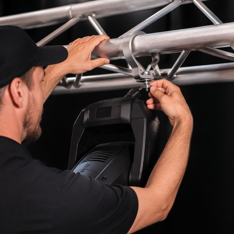 Morsetto per illuminazione a semigiunto in alluminio per tralicci da 30-50 mm con capacità di carico di 25 kg e farfalla a sgancio rapido