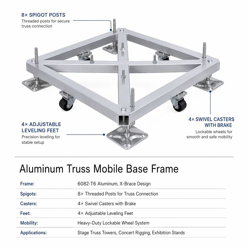 6082-T6 Aluminium Truss Mobile Base Frame dengan X-Brace Welded Design dan 8-Spigot Connection untuk Stage Concert Rigging
