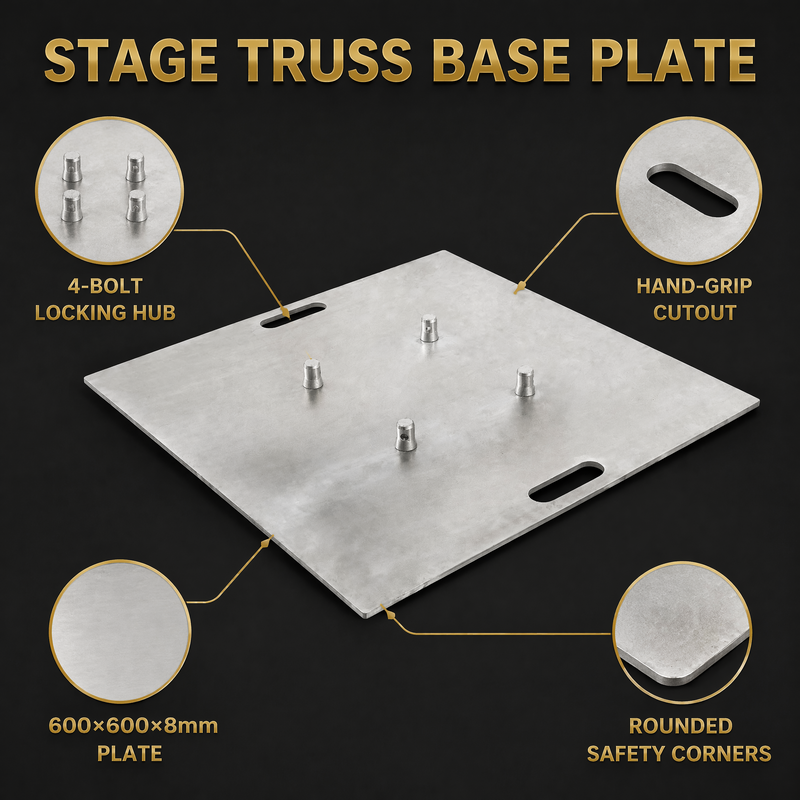 6061-T6 Aircraft-Grade Aluminum Stage Truss Base Plate with 4-Bolt Locking Hub and CNC Hand-Grip Cutout for Ground Support Stand