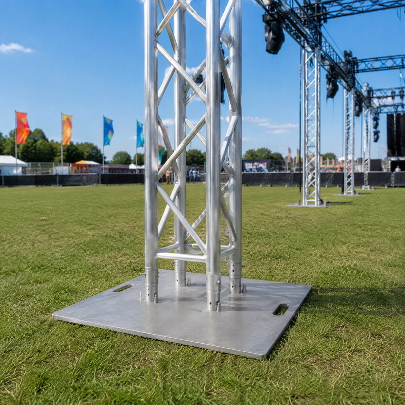6061-T6 Aircraft-Grade Aluminum Stage Truss Base Plate with 4-Bolt Locking Hub and CNC Hand-Grip Cutout for Ground Support Stand