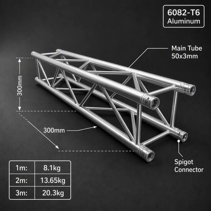 Truss Spigot Aluminium 300x300mm dengan Paduan 6082-T6 dan Penguat Diagonal 4 Sisi untuk Rig Pencahayaan Panggung