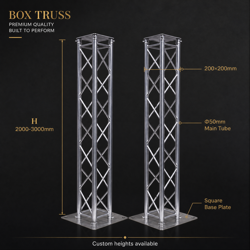 6061-T6 Aluminum Box Truss with Tool-Free Assembly and Custom Height for Stage Lighting and Events