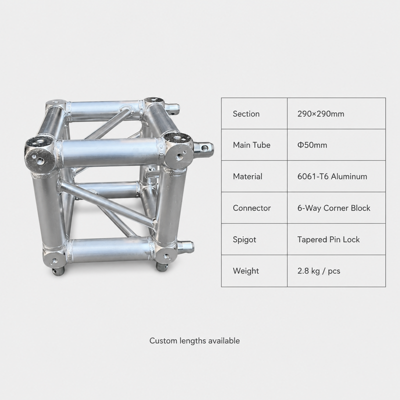 290×290mm Aluminum Box Truss with 6061-T6 Aluminum and 6-Way Corner Connector for Stage Lighting and Events