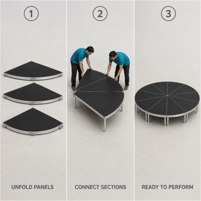 Circular Modular Stage Platform 3.66m Diameter with Black Anti-Slip Surface and Adjustable Height 45-60cm