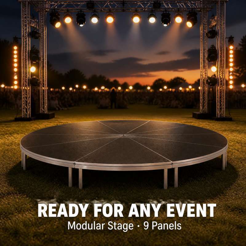 Circular Modular Stage Platform 3.66m Diameter with Black Anti-Slip Surface and Adjustable Height 45-60cm