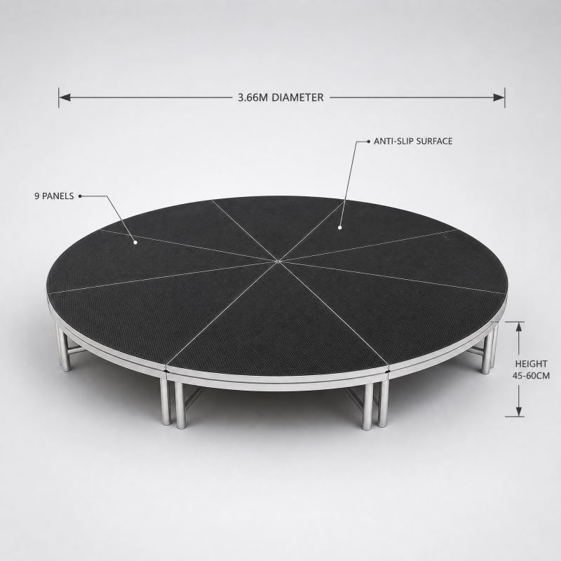 Circular Modular Stage Platform 3.66m Diameter with Black Anti-Slip Surface and Adjustable Height 45-60cm