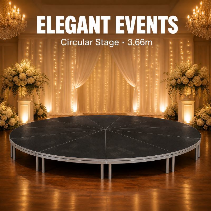 Circular Modular Stage Platform 3.66m Diameter with Black Anti-Slip Surface and Adjustable Height 45-60cm
