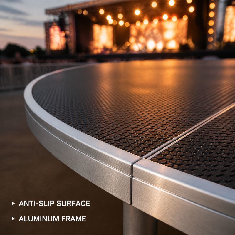 Circular Modular Stage Platform 3.66m Diameter with Black Anti-Slip Surface and Adjustable Height 45-60cm