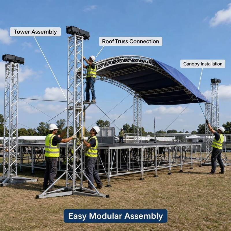 Portable Outdoor Stage Truss System with Canopy, Aluminum Alloy Modular Truss Tower Star Base, Arched Roof Frame, Stage Platform, Custom Size, Made to Order, Factory Direct, One-on-One Design, Event
