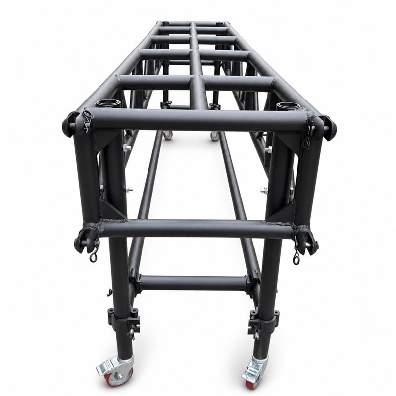 Mobile Pre-Rig Stage Truss Cart on Wheels, Black Aluminum Truss with Braked Casters, Pre-Rigged for Moving Head Lights, Tool-Free Clamp, Pin-End Sections, Custom Color Available