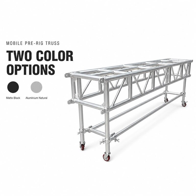 Mobile Pre-Rig Stage Truss Cart on Wheels, Black Aluminum Truss with Braked Casters, Pre-Rigged for Moving Head Lights, Tool-Free Clamp, Pin-End Sections, Custom Color Available