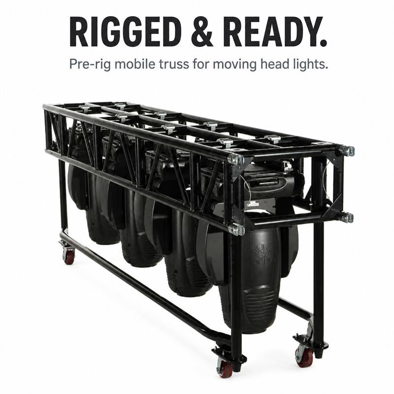 Mobile Pre-Rig Stage Truss Cart on Wheels, Black Aluminum Truss with Braked Casters, Pre-Rigged for Moving Head Lights, Tool-Free Clamp, Pin-End Sections, Custom Color Available