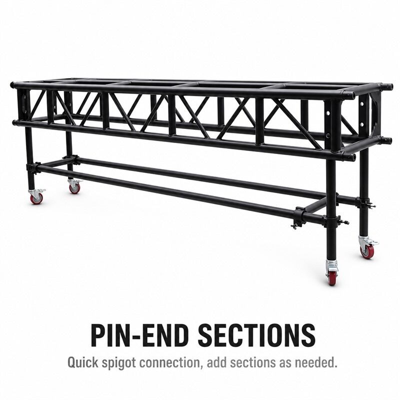 Mobile Pre-Rig Stage Truss Cart on Wheels, Black Aluminum Truss with Braked Casters, Pre-Rigged for Moving Head Lights, Tool-Free Clamp, Pin-End Sections, Custom Color Available